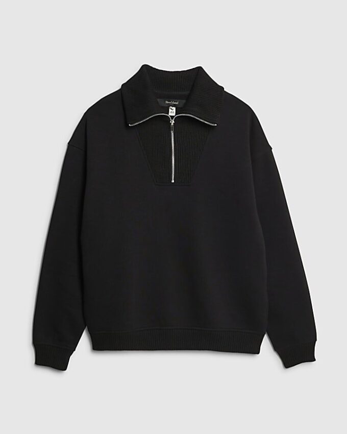 Black Regular Fit Ribbed Sweatshirt