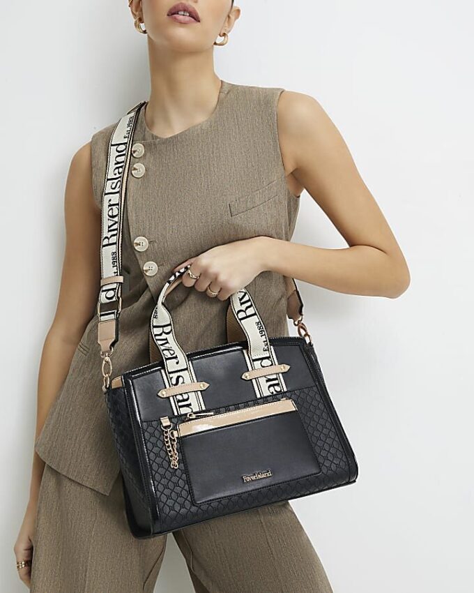 Black RI Monogram Grab Handle Tote Bag