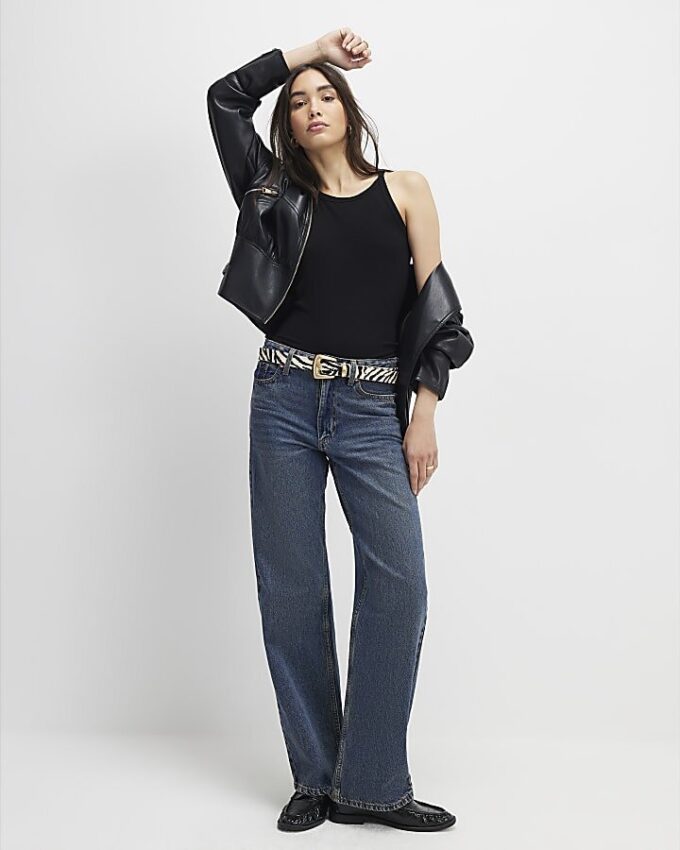 Black Ribbed Racer Front Tank Top