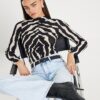 Black Ruched Wavy Print Mesh Top