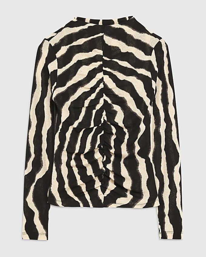 Black Ruched Wavy Print Mesh Top