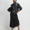 Black Satin Asymmetric Lace Trim Midi Skirt