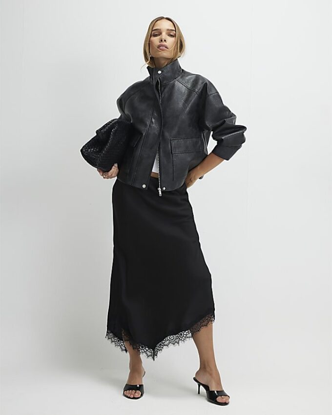 Black Satin Asymmetric Lace Trim Midi Skirt