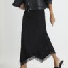 Black Satin Asymmetric Lace Trim Midi Skirt