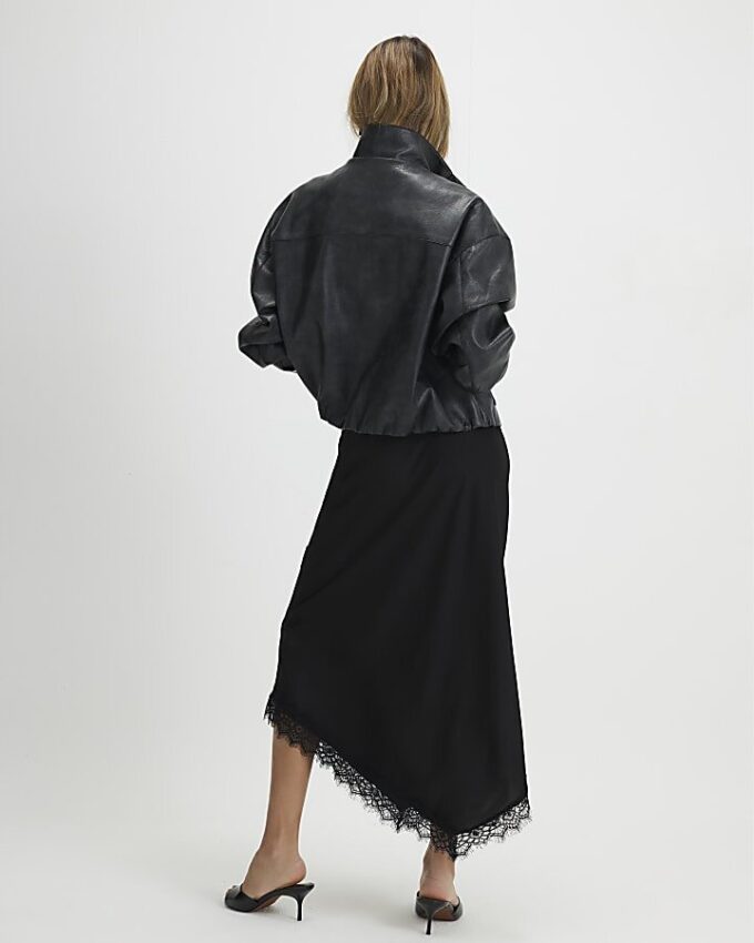 Black Satin Asymmetric Lace Trim Midi Skirt