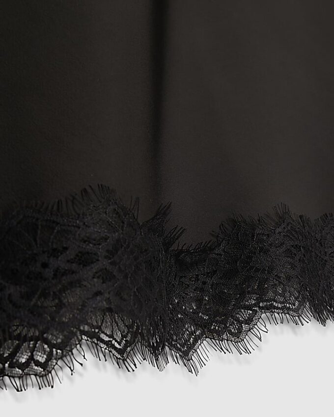 Black Satin Asymmetric Lace Trim Midi Skirt
