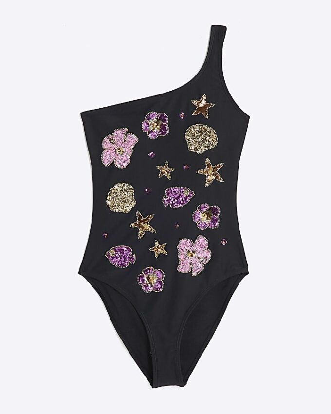 Black Sequin One Shoulder Swimsuit