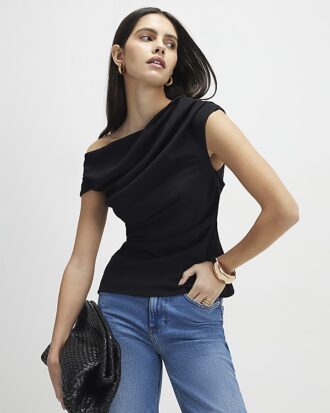 Black Short Sleeve Drape Off Shoulder Top