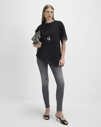 Black Short Sleeve Lace Trim Asymmetric Top