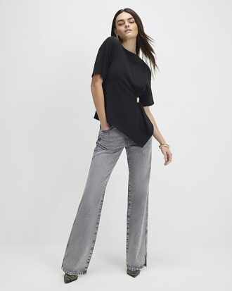 Black Short Sleeve Ruched Side Top