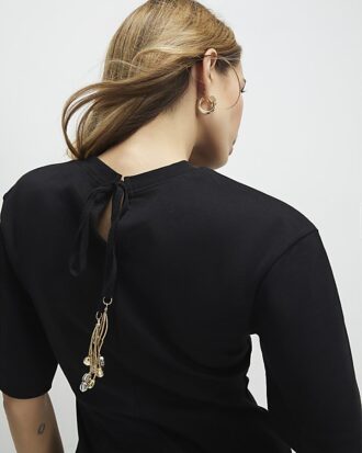 Black Short Sleeve Tie Back Seamed Top