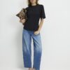 Black Short Sleeve Tie Back Seamed Top