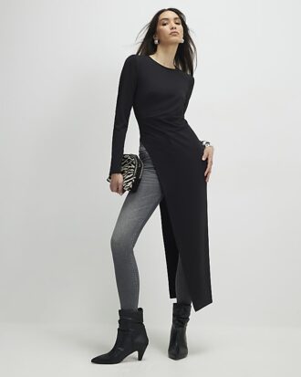 Black Shoulder Pad Long Asymmetric Top