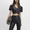 Black Single Button Faux Leather Crop Top