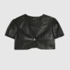 Black Single Button Faux Leather Crop Top