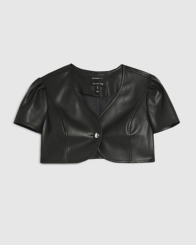 Black Single Button Faux Leather Crop Top