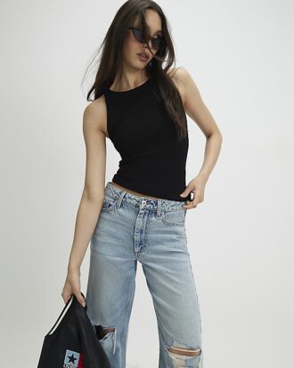 Black Sleeveless Ribbed Tank Top