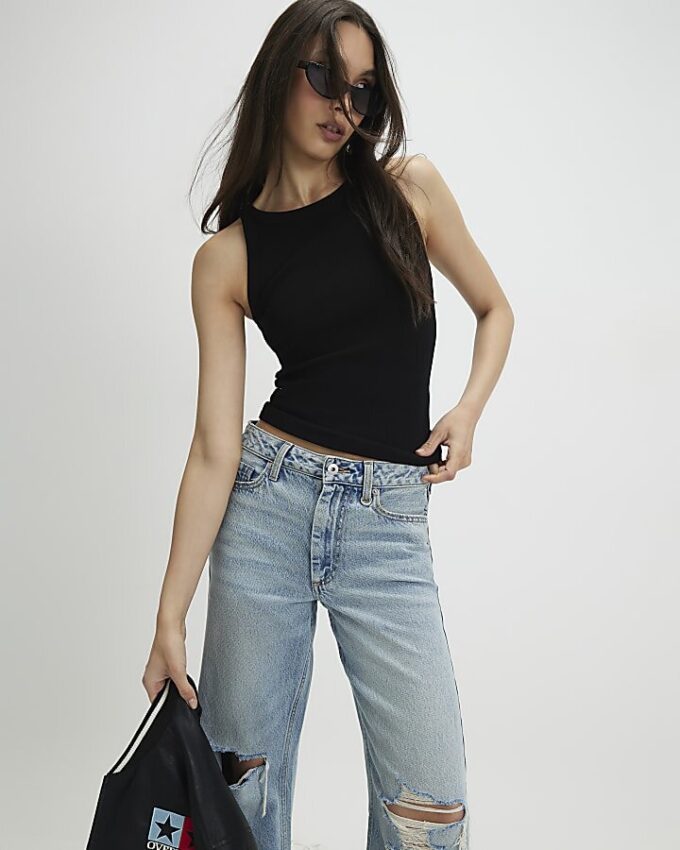 Black Sleeveless Ribbed Tank Top