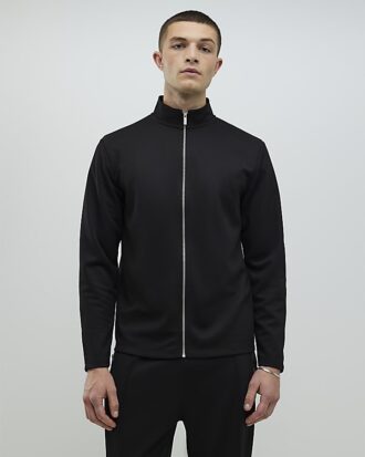 black slim fit pique funnel jacket 1 330x413 - Black Slim Fit Pique Funnel Jacket