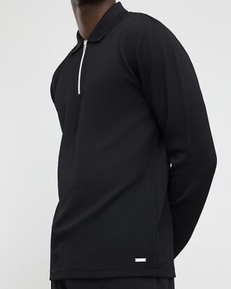 Black Slim Fit Textured Polo Shirt