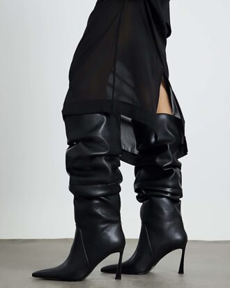 Black Slouch High Leg Heeled Boots