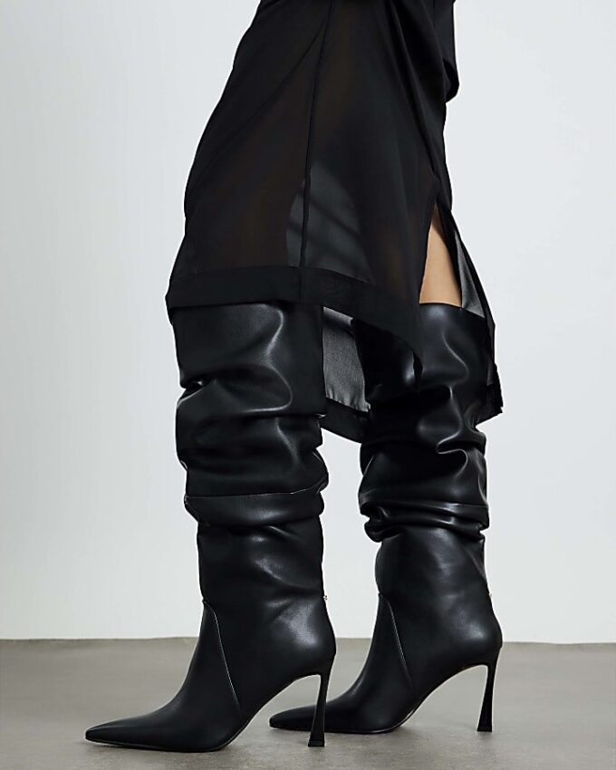 Black Slouch High Leg Heeled Boots