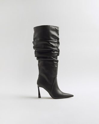 Black Slouch High Leg Heeled Boots