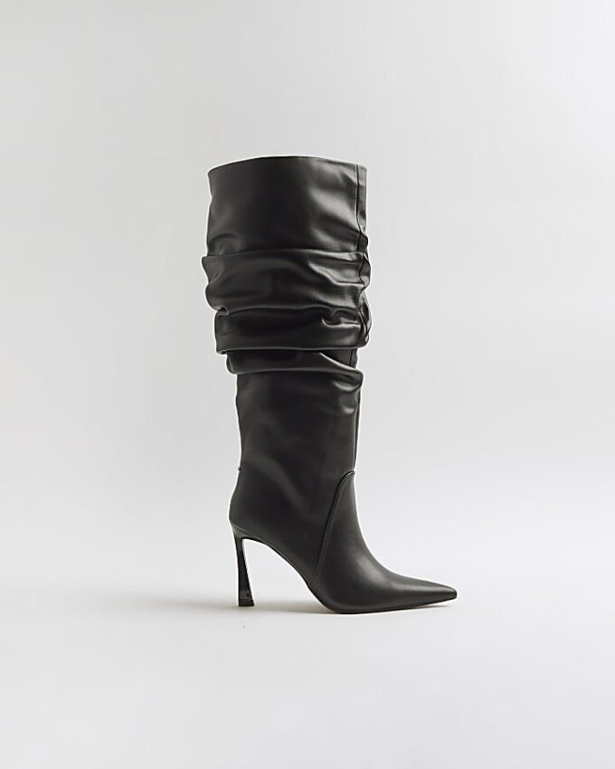 Black Slouch High Leg Heeled Boots