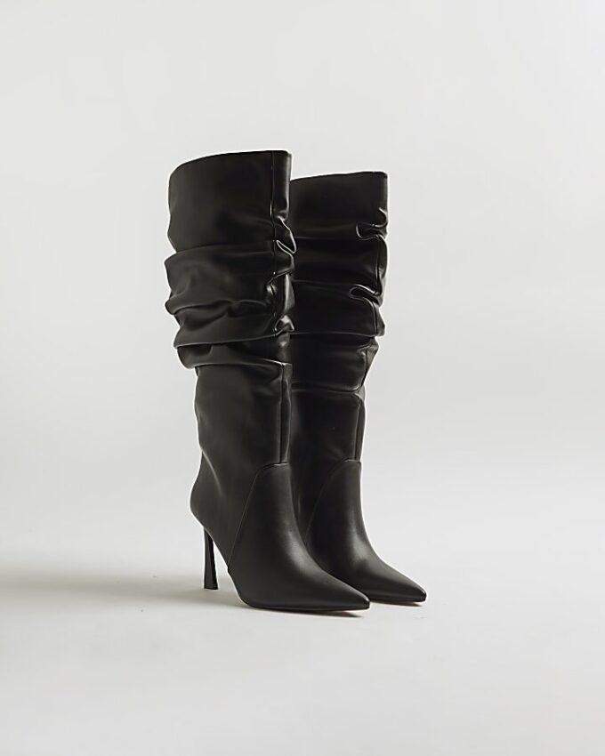 Black Slouch High Leg Heeled Boots