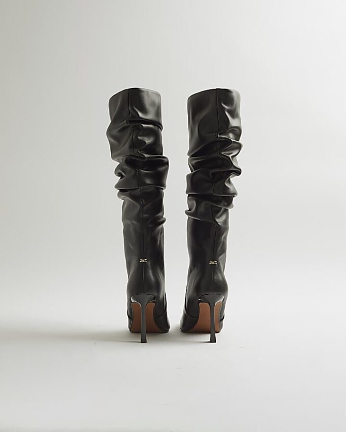 Black Slouch High Leg Heeled Boots
