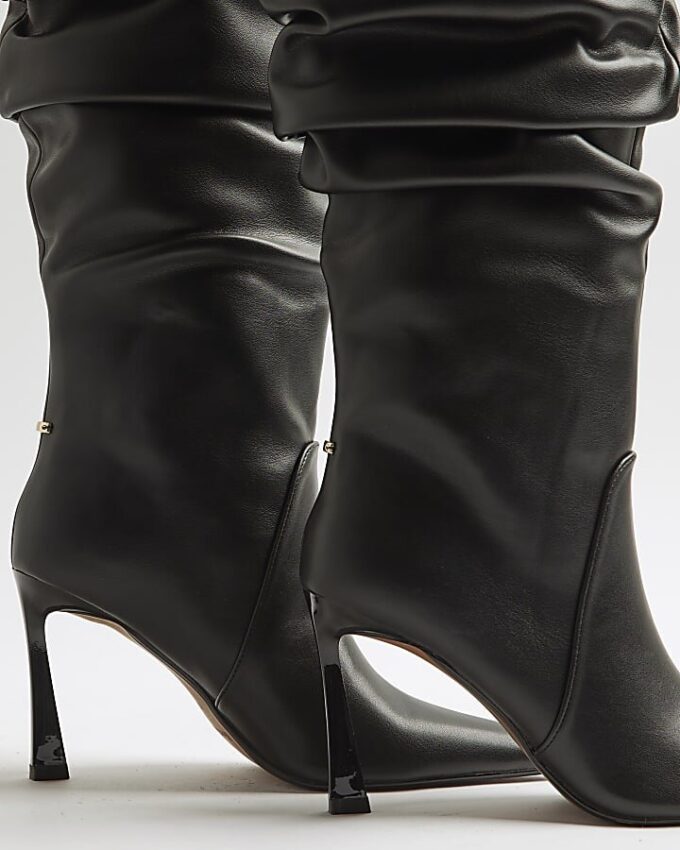 Black Slouch High Leg Heeled Boots