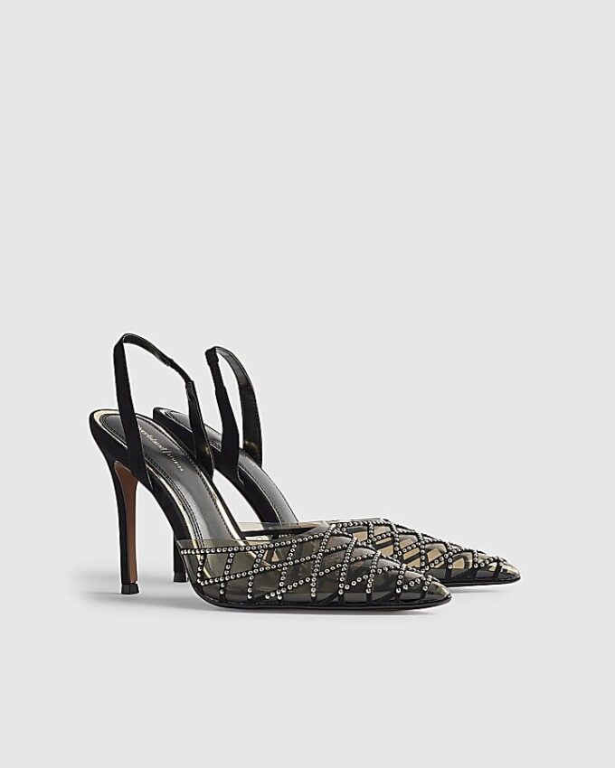 Black Studded Perspex Court Slingback Heels