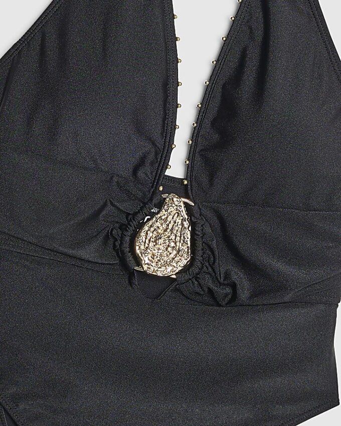 Black Studded Plunge Swimsuit
