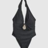 Black Studded Plunge Swimsuit