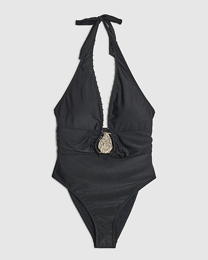 Black Studded Plunge Swimsuit
