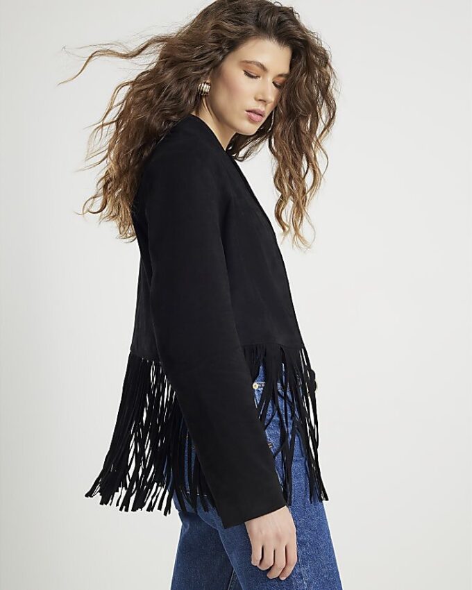 Black Suede Collarless Tassel Blazer