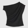 Black Textured Short Sleeve Off Shoulder Top