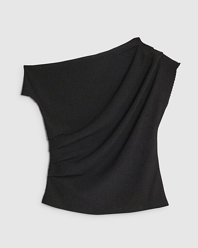 Black Textured Short Sleeve Off Shoulder Top