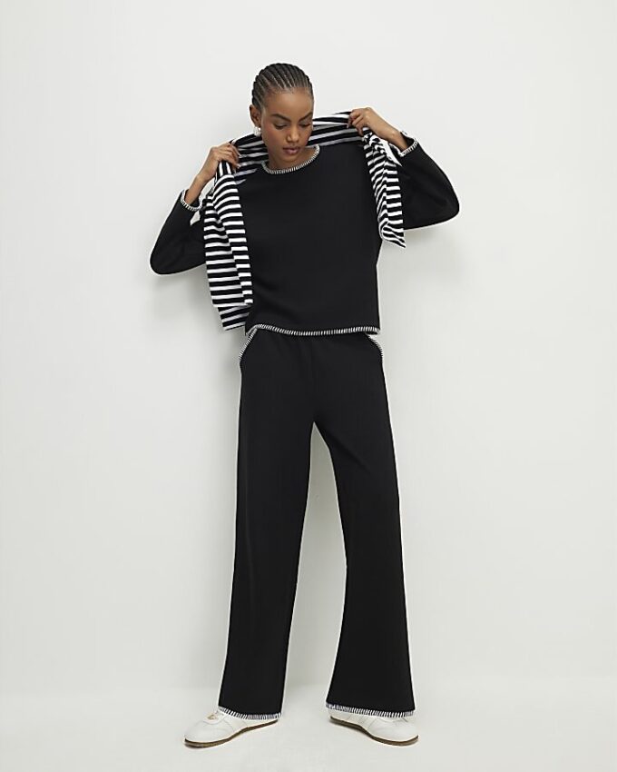 Black Whipstitch Cosy Wide Leg Joggers