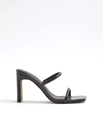Black Wide Fit Strap Mule Heeled Sandals