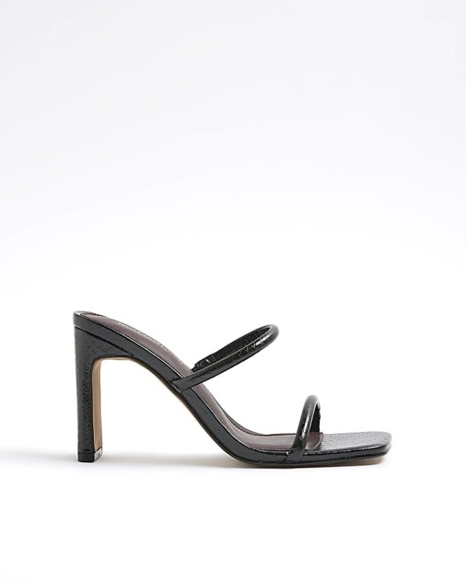 Black Wide Fit Strap Mule Heeled Sandals
