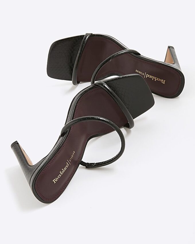 Black Wide Fit Strap Mule Heeled Sandals