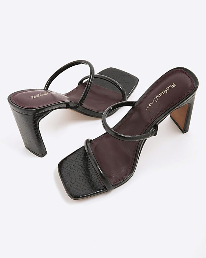 Black Wide Fit Strap Mule Heeled Sandals