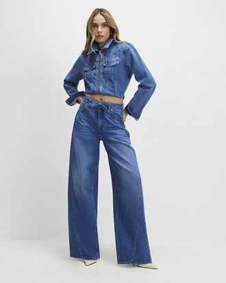 Blue Baggy Wide Leg Tie Waist Jeans