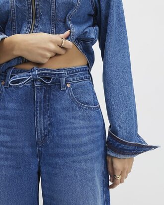 Blue Baggy Wide Leg Tie Waist Jeans