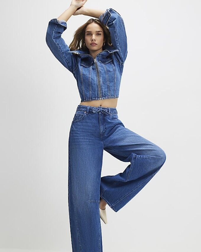 Blue Baggy Wide Leg Tie Waist Jeans