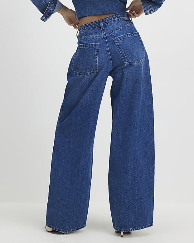 Blue Baggy Wide Leg Tie Waist Jeans