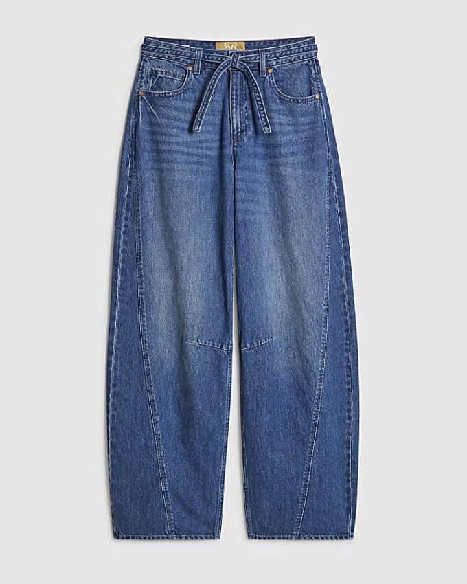 Blue Baggy Wide Leg Tie Waist Jeans