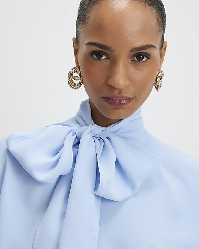 Blue Batwing Sleeve Pussybow Blouse
