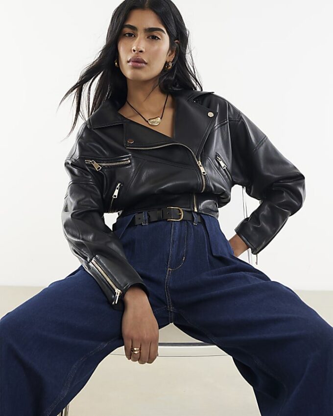 Blue Belted Pleated Wide Leg Jeans